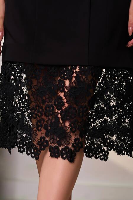 Shop_Label Deepika Nagpal_Black Crepe, Mesh Lace, Embroidery, Studs V-neck Astrid Blazer Dress With Belt _Online_at_Aza_Fashions