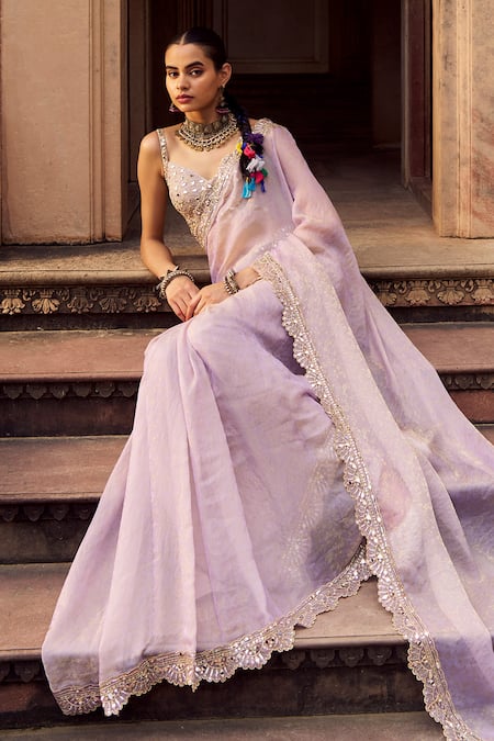Shop_Lashkaraa_Lavender Silk, Shantoon Embroidery, Zari, Sequins, Pre-draped Saree And Blouse Set _Online_at_Aza_Fashions