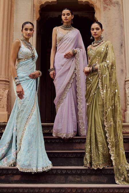 Lashkaraa_Lavender Silk, Shantoon Embroidery, Zari, Sequins, Pre-draped Saree And Blouse Set _at_Aza_Fashions