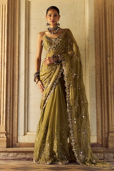 Buy Lashkaraa Green Tissue, Crepe Embroidery, Zari, Sequins, Mirrors Pre-draped Saree And Blouse Online at Aza Fashions Buy_Lashkaraa_Green Tissue, Crepe Embroidery, Zari, Sequins, Mirrors Pre-draped Saree And Blouse _Online_at_Aza_Fashions