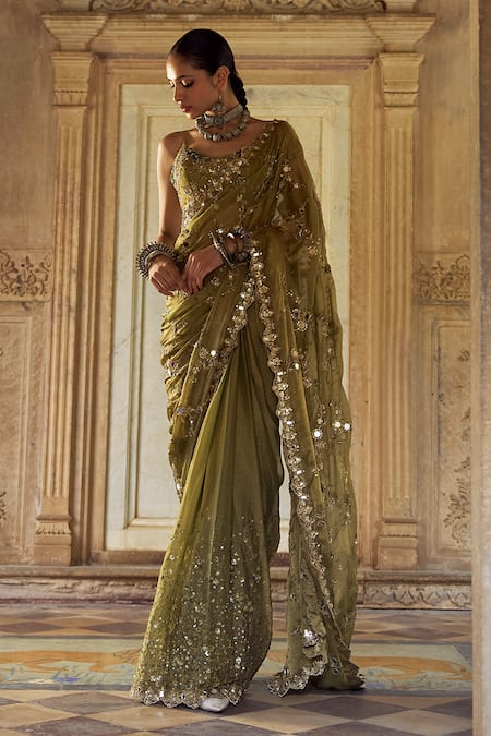 Shop Lashkaraa Green Tissue, Crepe Embroidery, Zari, Sequins, Mirrors Pre-draped Saree And Blouse Online at Aza Fashions Shop_Lashkaraa_Green Tissue, Crepe Embroidery, Zari, Sequins, Mirrors Pre-draped Saree And Blouse _Online_at_Aza_Fashions
