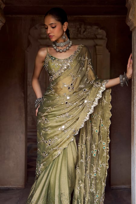 Lashkaraa Green Tissue, Crepe Embroidery, Zari, Sequins, Mirrors Pre-draped Saree And Blouse at Aza Fashions Lashkaraa_Green Tissue, Crepe Embroidery, Zari, Sequins, Mirrors Pre-draped Saree And Blouse _at_Aza_Fashions