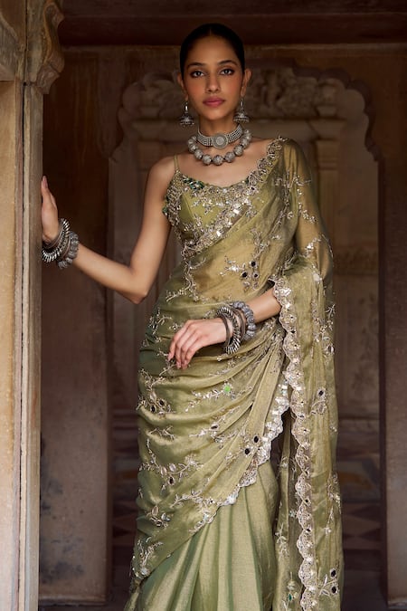 Buy Lashkaraa Green Tissue, Crepe Embroidery, Zari, Sequins, Mirrors Pre-draped Saree And Blouse Buy_Lashkaraa_Green Tissue, Crepe Embroidery, Zari, Sequins, Mirrors Pre-draped Saree And Blouse