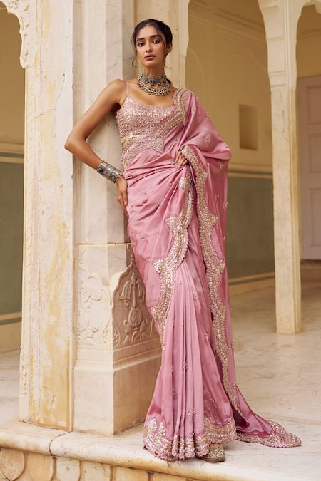 Buy_Lashkaraa_Pink Satin, Tissue, Shantoon Embroidery, Beads, Pre-draped Saree And Blouse _Online_at_Aza_Fashions