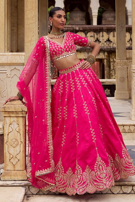 Lashkaraa Fuchsia Silk, Net Zari, Mirrors, Embroidery V-neck Lehenga Set 