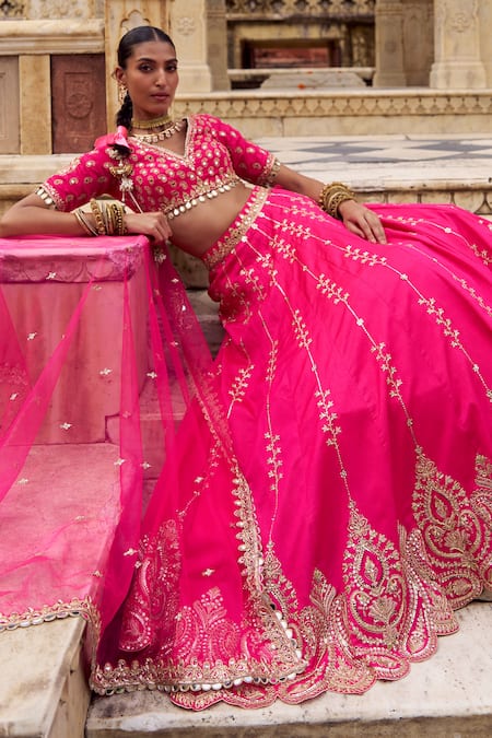 Buy Lashkaraa Fuchsia Silk, Net Zari, Mirrors, Embroidery V-neck Lehenga Set Online at Aza Fashions Buy_Lashkaraa_Fuchsia Silk, Net Zari, Mirrors, Embroidery V-neck Lehenga Set _Online_at_Aza_Fashions