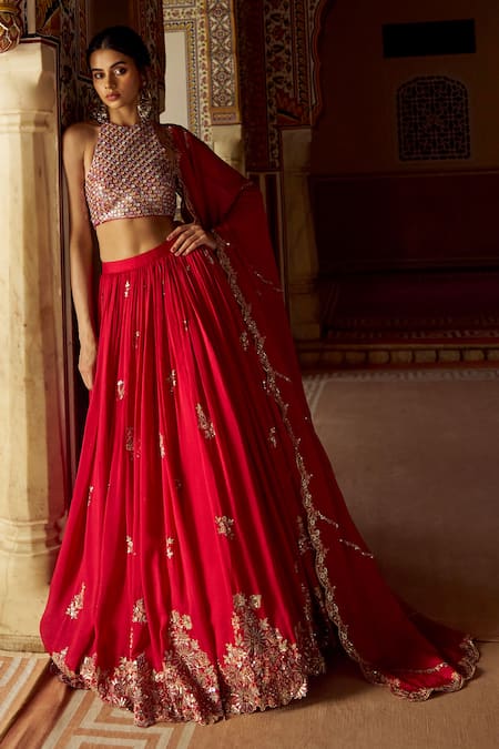 Lashkaraa_Red Silk, Net Embroidery, Zari, Mirrors, Sequins Halter Neck Lehenga Set_Online_at_Aza_Fashions
