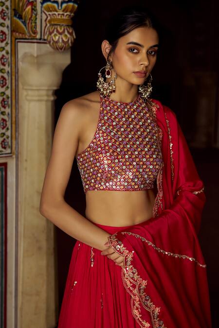 Buy_Lashkaraa_Red Silk, Net Embroidery, Zari, Mirrors, Sequins Halter Neck Lehenga Set_Online_at_Aza_Fashions