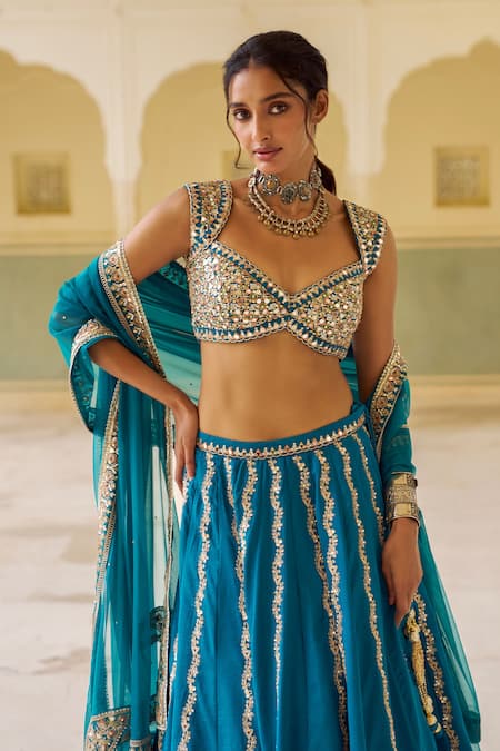 Buy_Lashkaraa_Teal Silk, Net Embroidery, Sequins, Mirrors, Zari Sweetheart Neck Lehenga Set_Online_at_Aza_Fashions