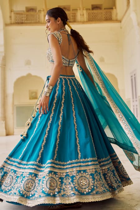 Shop_Lashkaraa_Teal Silk, Net Embroidery, Sequins, Mirrors, Zari Sweetheart Neck Lehenga Set_at_Aza_Fashions