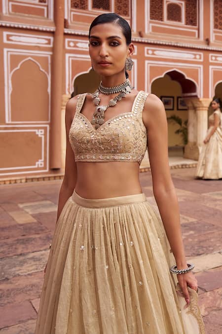 Shop Lashkaraa Gold Tissue, Shantoon, Net Embroidery, Sequins, Mirrors, Zari Silk Lehenga Set Online at Aza Fashions Shop_Lashkaraa_Gold Tissue, Shantoon, Net Embroidery, Sequins, Mirrors, Zari Silk Lehenga Set _Online_at_Aza_Fashions