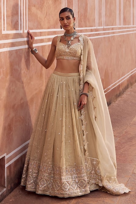 Lashkaraa Gold Tissue, Shantoon, Net Embroidery, Sequins, Mirrors, Zari Silk Lehenga Set 