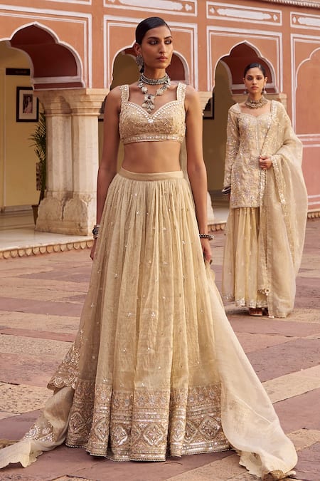 Buy Lashkaraa Gold Tissue, Shantoon, Net Embroidery, Sequins, Mirrors, Zari Silk Lehenga Set Buy_Lashkaraa_Gold Tissue, Shantoon, Net Embroidery, Sequins, Mirrors, Zari Silk Lehenga Set