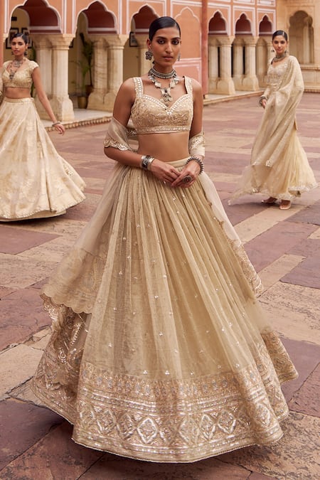 Shop Lashkaraa Gold Tissue, Shantoon, Net Embroidery, Sequins, Mirrors, Zari Silk Lehenga Set Shop_Lashkaraa_Gold Tissue, Shantoon, Net Embroidery, Sequins, Mirrors, Zari Silk Lehenga Set