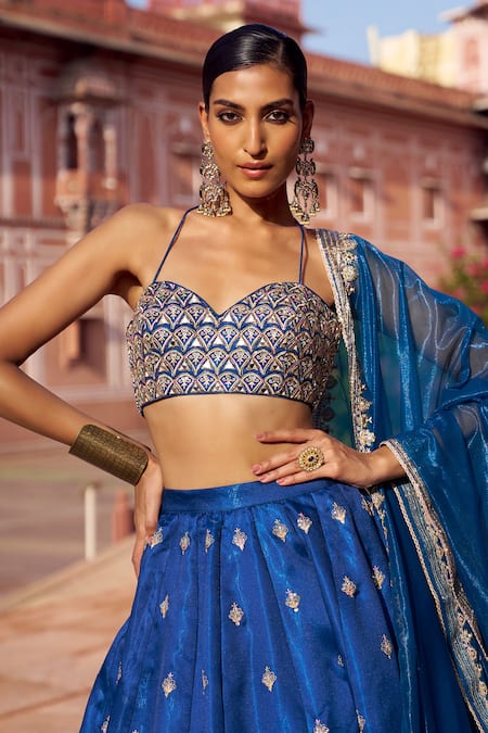 Lashkaraa Blue Satin, Silk, Net Embroidery, Mirrors Halter Neck Lehenga Set Online at Aza Fashions Lashkaraa_Blue Satin, Silk, Net Embroidery, Mirrors Halter Neck Lehenga Set_Online_at_Aza_Fashions