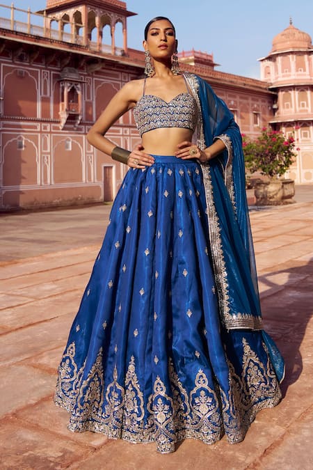 Lashkaraa Blue Satin, Silk, Net Embroidery, Mirrors Halter Neck Lehenga Set 