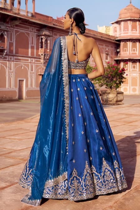 Shop Lashkaraa Blue Satin, Silk, Net Embroidery, Mirrors Halter Neck Lehenga Set at Aza Fashions Shop_Lashkaraa_Blue Satin, Silk, Net Embroidery, Mirrors Halter Neck Lehenga Set_at_Aza_Fashions