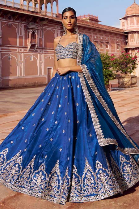 Buy Lashkaraa Blue Satin, Silk, Net Embroidery, Mirrors Halter Neck Lehenga Set Online at Aza Fashions Buy_Lashkaraa_Blue Satin, Silk, Net Embroidery, Mirrors Halter Neck Lehenga Set_Online_at_Aza_Fashions