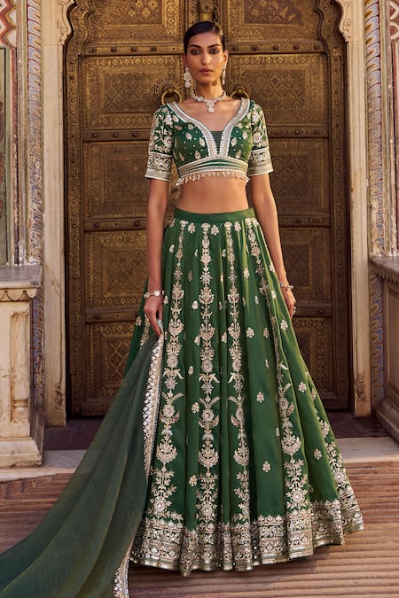 Lashkaraa Green Silk Embroidery, Sequins V-neck Lehenga Set 