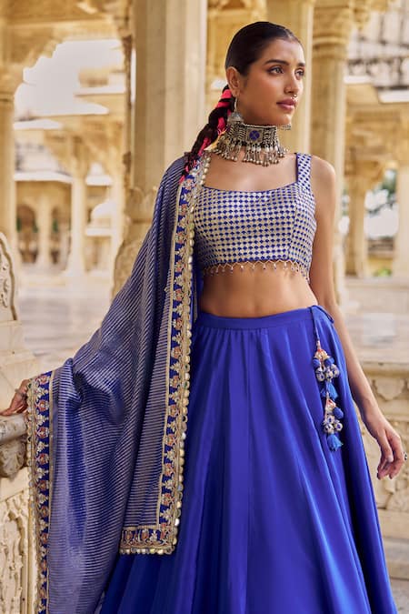 Buy Lashkaraa Blue Viscose, Crepe, Dupion Embroidery, Sequins, Zari, Beads Square Lehenga Set Online at Aza Fashions Buy_Lashkaraa_Blue Viscose, Crepe, Dupion Embroidery, Sequins, Zari, Beads Square Lehenga Set _Online_at_Aza_Fashions