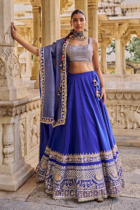 Shop Lashkaraa Blue Viscose, Crepe, Dupion Embroidery, Sequins, Zari, Beads Square Lehenga Set Online at Aza Fashions Shop_Lashkaraa_Blue Viscose, Crepe, Dupion Embroidery, Sequins, Zari, Beads Square Lehenga Set _Online_at_Aza_Fashions