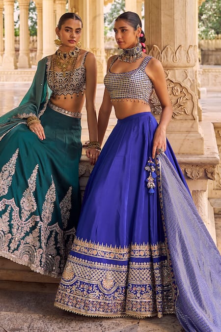 Shop Lashkaraa Blue Viscose, Crepe, Dupion Embroidery, Sequins, Zari, Beads Square Lehenga Set Shop_Lashkaraa_Blue Viscose, Crepe, Dupion Embroidery, Sequins, Zari, Beads Square Lehenga Set