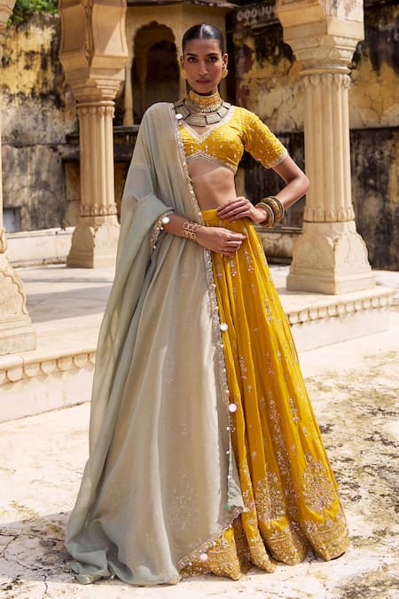 Lashkaraa Yellow Viscose, Silk Sequins, Zari, Mirrors, Embroidery V-neck Lehenga Set 