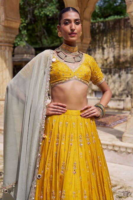Buy Lashkaraa Yellow Viscose, Silk Sequins, Zari, Mirrors, Embroidery V-neck Lehenga Set Online at Aza Fashions Buy_Lashkaraa_Yellow Viscose, Silk Sequins, Zari, Mirrors, Embroidery V-neck Lehenga Set _Online_at_Aza_Fashions