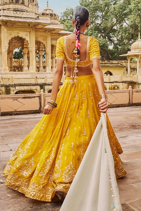 Shop Lashkaraa Yellow Viscose, Silk Sequins, Zari, Mirrors, Embroidery V-neck Lehenga Set Online at Aza Fashions Shop_Lashkaraa_Yellow Viscose, Silk Sequins, Zari, Mirrors, Embroidery V-neck Lehenga Set _Online_at_Aza_Fashions