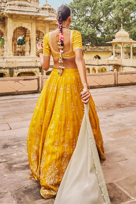Lashkaraa Yellow Viscose, Silk Sequins, Zari, Mirrors, Embroidery V-neck Lehenga Set at Aza Fashions Lashkaraa_Yellow Viscose, Silk Sequins, Zari, Mirrors, Embroidery V-neck Lehenga Set _at_Aza_Fashions