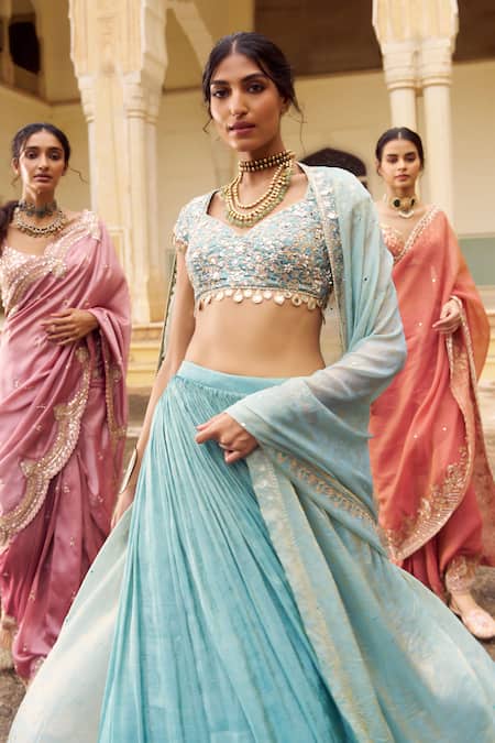 Lashkaraa_Mint Brocade, Silk, Satin Embroidery, Mirrors, Zari V-neck Lehenga Set_Online_at_Aza_Fashions
