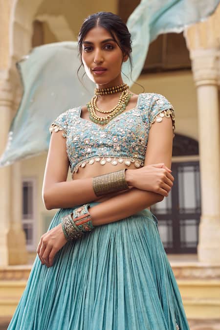 Buy_Lashkaraa_Mint Brocade, Silk, Satin Embroidery, Mirrors, Zari V-neck Lehenga Set_Online_at_Aza_Fashions