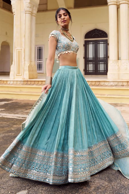 Lashkaraa_Mint Brocade, Silk, Satin Embroidery, Mirrors, Zari V-neck Lehenga Set_at_Aza_Fashions