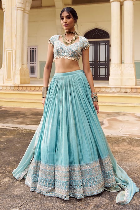 Lashkaraa Mint Brocade, Silk, Satin Embroidery, Mirrors, Zari V-neck Lehenga Set 