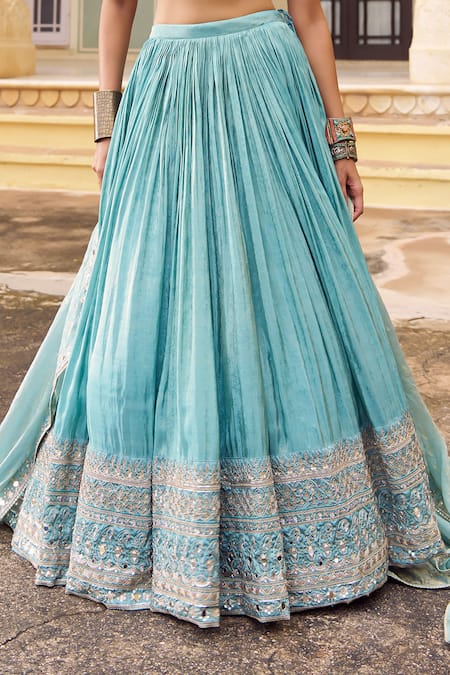 Buy_Lashkaraa_Mint Brocade, Silk, Satin Embroidery, Mirrors, Zari V-neck Lehenga Set