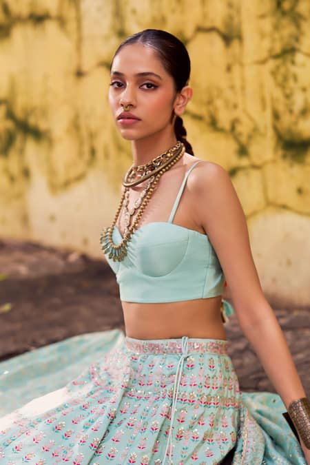 Buy_Lashkaraa_Mint Viscose, Tissue, Shantoon, Brocade Embroidery, Lehenga Set With Dupatta _Online_at_Aza_Fashions