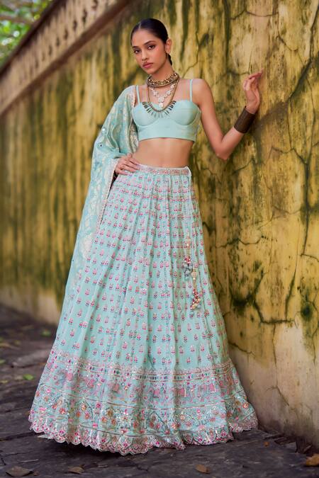 Shop_Lashkaraa_Mint Viscose, Tissue, Shantoon, Brocade Embroidery, Lehenga Set With Dupatta _Online_at_Aza_Fashions