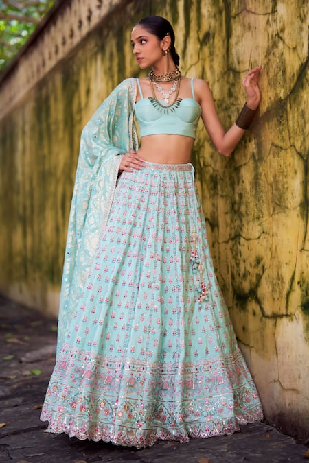 Lashkaraa Mint Viscose, Tissue, Shantoon, Brocade Embroidery, Lehenga Set With Dupatta 