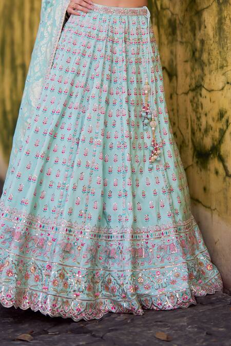 Lashkaraa_Mint Viscose, Tissue, Shantoon, Brocade Embroidery, Lehenga Set With Dupatta _at_Aza_Fashions