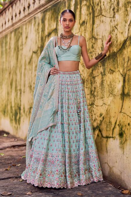 Buy_Lashkaraa_Mint Viscose, Tissue, Shantoon, Brocade Embroidery, Lehenga Set With Dupatta 