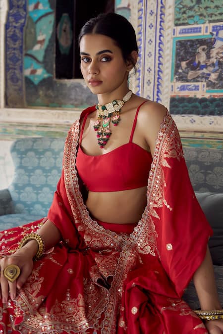 Buy Lashkaraa Red Viscose, Silk, Satin, Brocade Embroidery, Zari, Mirrors Lehenga Set Online at Aza Fashions Buy_Lashkaraa_Red Viscose, Silk, Satin, Brocade Embroidery, Zari, Mirrors Lehenga Set _Online_at_Aza_Fashions