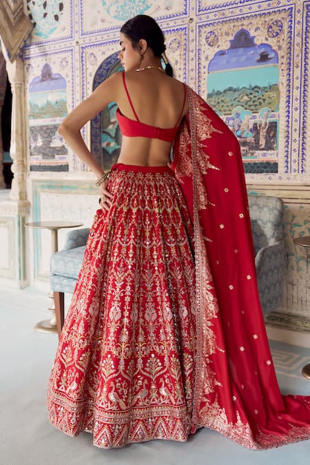 Lashkaraa Red Viscose, Silk, Satin, Brocade Embroidery, Zari, Mirrors Lehenga Set Online at Aza Fashions Lashkaraa_Red Viscose, Silk, Satin, Brocade Embroidery, Zari, Mirrors Lehenga Set _Online_at_Aza_Fashions