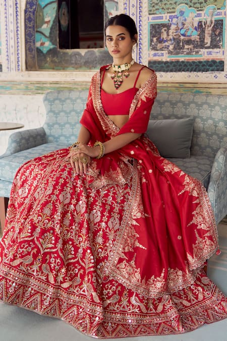 Shop Lashkaraa Red Viscose, Silk, Satin, Brocade Embroidery, Zari, Mirrors Lehenga Set Online at Aza Fashions Shop_Lashkaraa_Red Viscose, Silk, Satin, Brocade Embroidery, Zari, Mirrors Lehenga Set _Online_at_Aza_Fashions