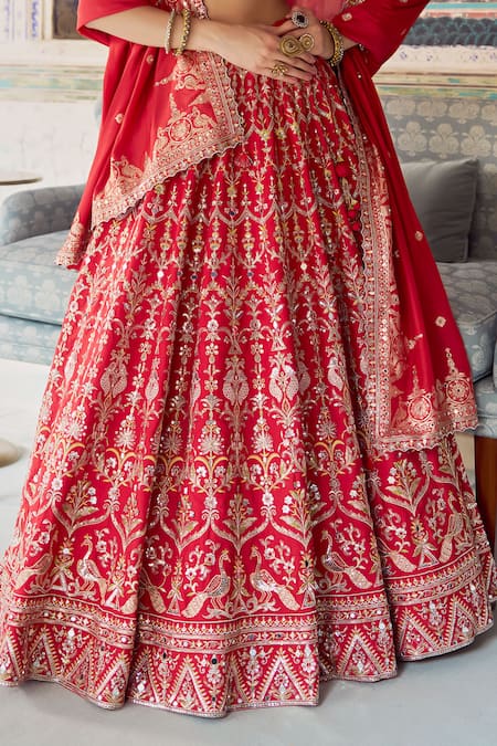 Lashkaraa Red Viscose, Silk, Satin, Brocade Embroidery, Zari, Mirrors Lehenga Set at Aza Fashions Lashkaraa_Red Viscose, Silk, Satin, Brocade Embroidery, Zari, Mirrors Lehenga Set _at_Aza_Fashions