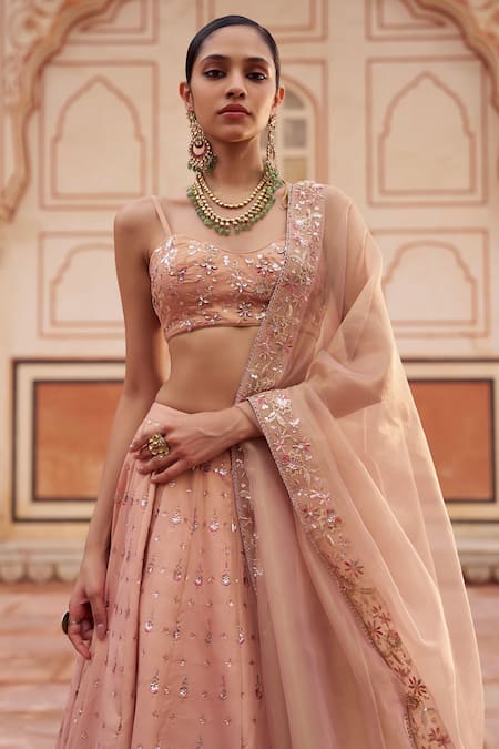 Shop Lashkaraa Beige Silk, Net Embroidery, Mirrors, Sequins Sweetheart Neck Lehenga Set Online at Aza Fashions Shop_Lashkaraa_Beige Silk, Net Embroidery, Mirrors, Sequins Sweetheart Neck Lehenga Set _Online_at_Aza_Fashions