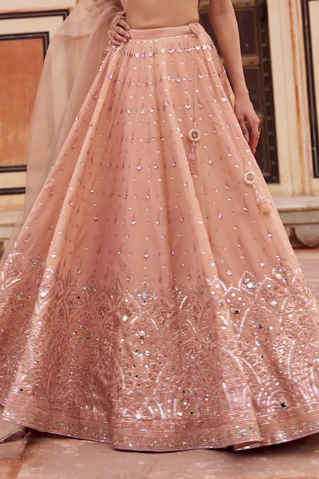 Buy Lashkaraa Beige Silk, Net Embroidery, Mirrors, Sequins Sweetheart Neck Lehenga Set Buy_Lashkaraa_Beige Silk, Net Embroidery, Mirrors, Sequins Sweetheart Neck Lehenga Set