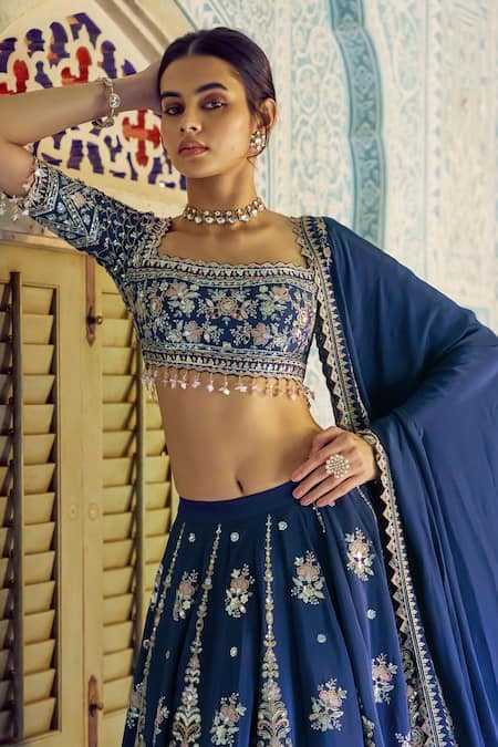 Buy_Lashkaraa_Navy Viscose, Crepe Embroidery, Zari, Mirrors, Sequins Thread And Lehenga Set_Online_at_Aza_Fashions