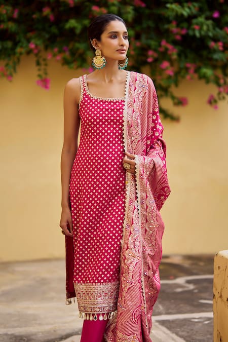 Shop Lashkaraa Fuchsia Viscose, Silk, Shantoon, Brocade Embroidery, Stones, Straight Suit Online at Aza Fashions Shop_Lashkaraa_Fuchsia Viscose, Silk, Shantoon, Brocade Embroidery, Stones, Straight Suit _Online_at_Aza_Fashions