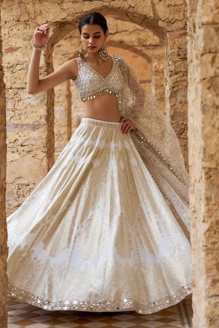 Shop Lashkaraa White Viscose, Brocade, Net Embroidery, Sequins, Zari, Mirrors Lehenga Set at Aza Fashions Shop_Lashkaraa_White Viscose, Brocade, Net Embroidery, Sequins, Zari, Mirrors Lehenga Set_at_Aza_Fashions