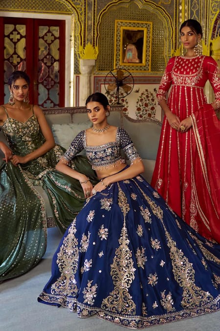 Buy_Lashkaraa_Red Silk, Brocade Embroidery, Sequins, Zari Round Neck Anarkali Set With Dupatta _Online_at_Aza_Fashions